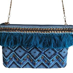 Steven by Steve Madden Blue Boho Beaded Embroidered Crossbody Bag